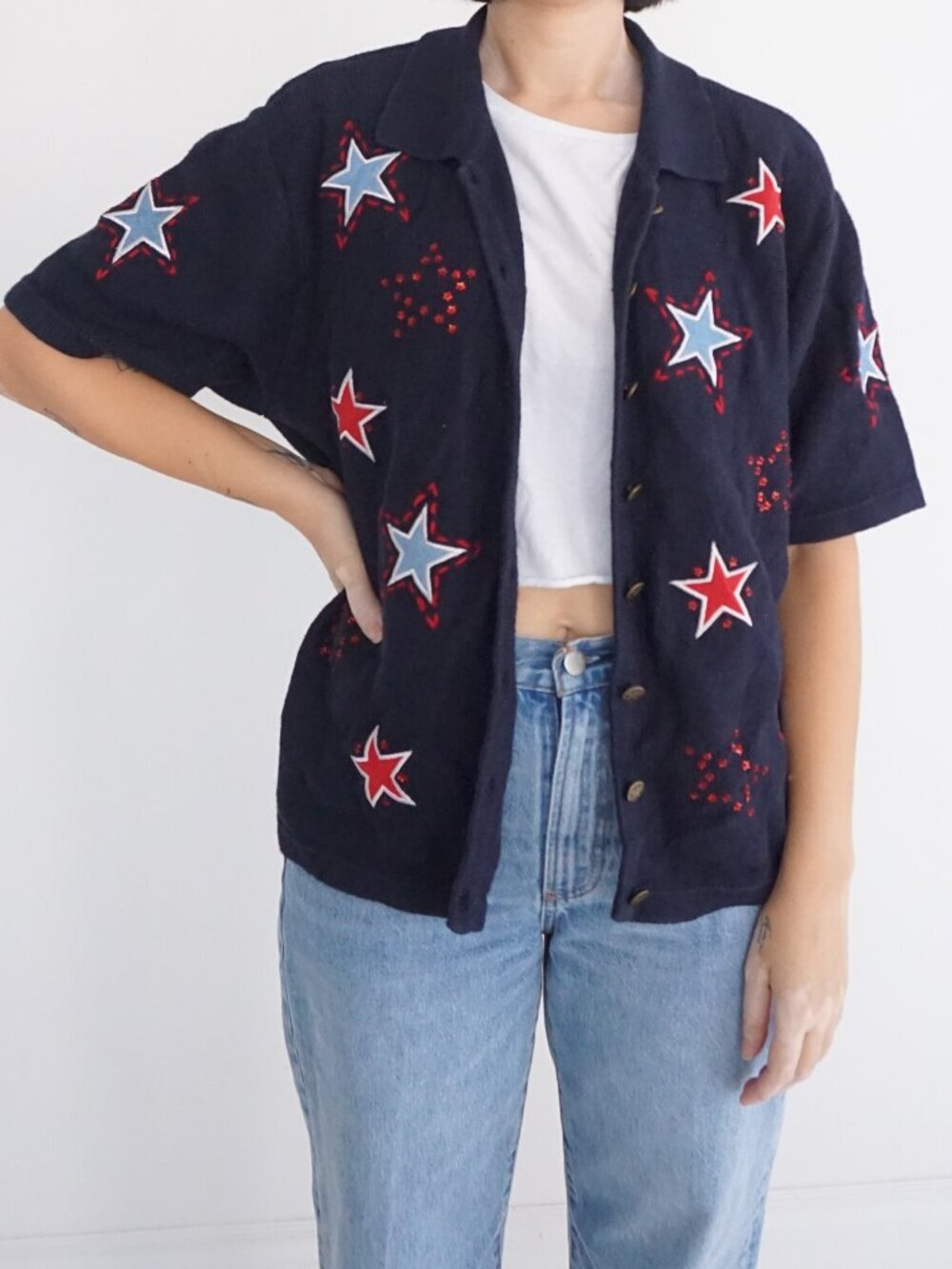 Christopher Banks Navy Knit Red Star Embroidered Button Front Cardigan L